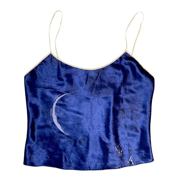 Vintage 1990s Micro Celestial Night Midnight Blue Camisole Moon Stars Silky - Picture 1 of 9